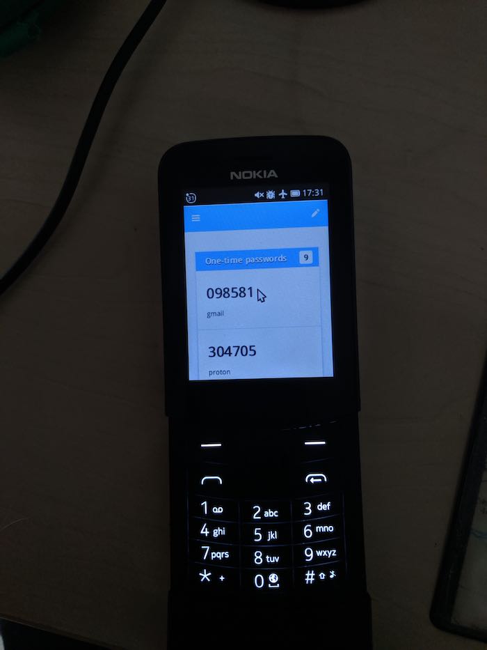 KaiOS TOTP authenticator running on Nokia 8110 4G