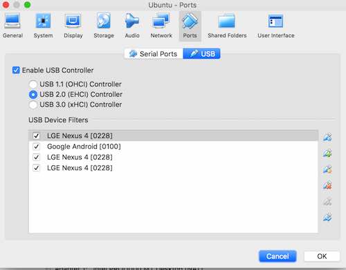 Virtual Box USB settings screenshot